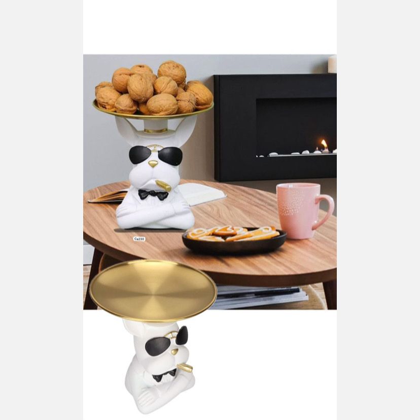 Articulo decorativo perro blanco bandeja en la cabeza 17cm* 10cm* 18cm